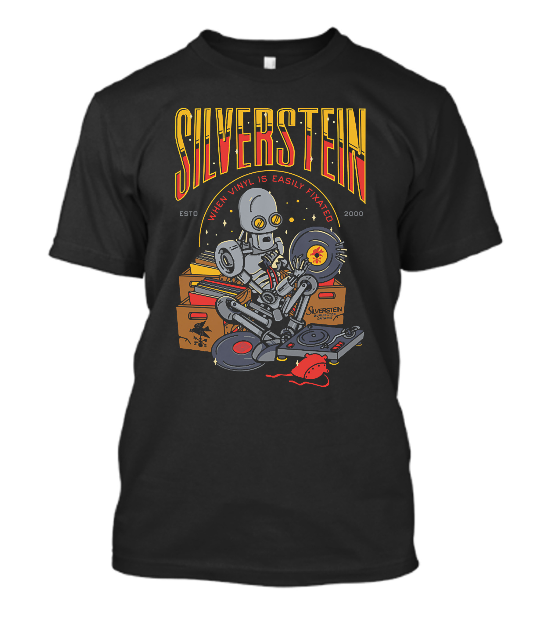 SILVERSTEIN WHEN VINYL IS EASILY FIXATED ESTD 2000 ROBOT WITH RECORDS T-Shirt