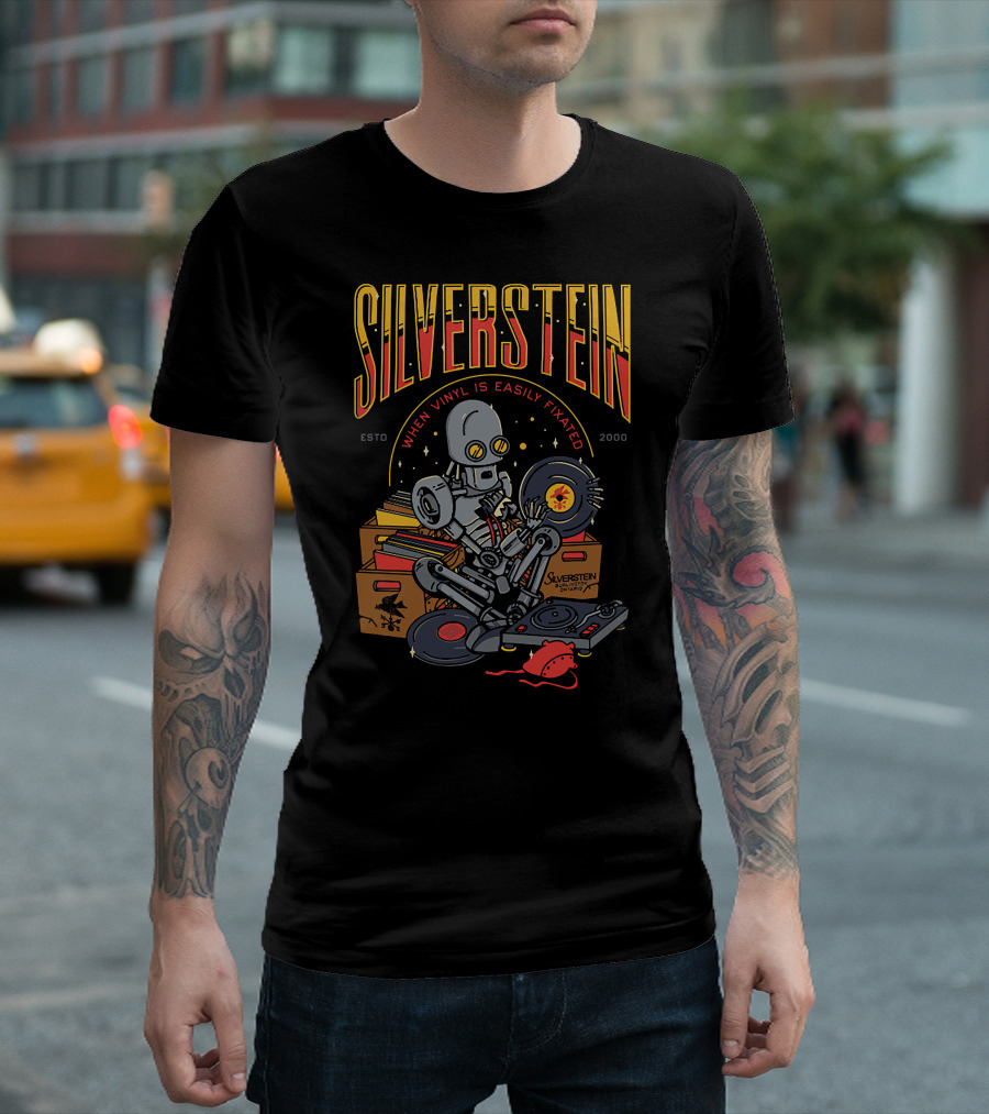 SILVERSTEIN WHEN VINYL IS EASILY FIXATED ESTD 2000 ROBOT WITH RECORDS T-Shirt