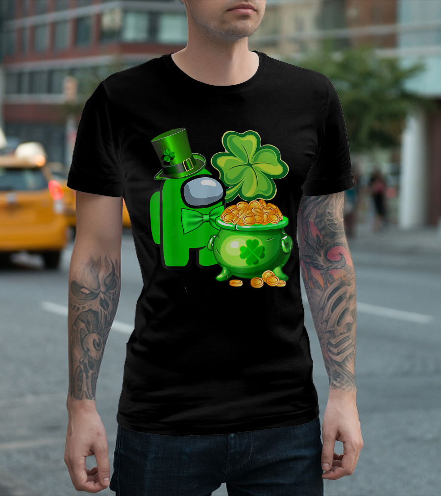 Among Us Green Character With Shamrock Hat And Pot Of Gold St Patrick's Day T-Shirt