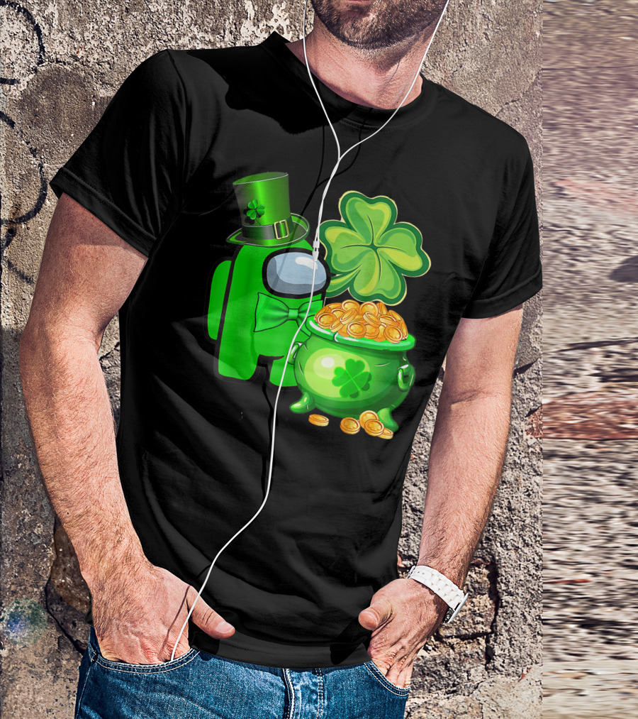 Among Us Green Character With Shamrock Hat And Pot Of Gold St Patrick's Day T-Shirt