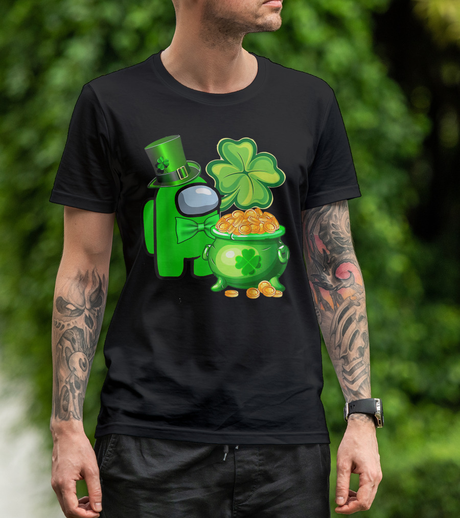 Among Us Green Character With Shamrock Hat And Pot Of Gold St Patrick's Day T-Shirt