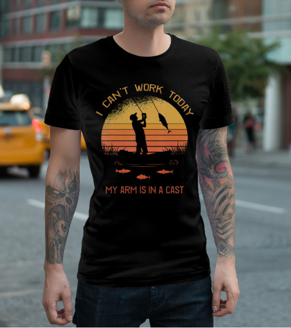 I Can't Work Today My Arm Is In A Cast Fisherman Silhouette Sunset T-Shirt