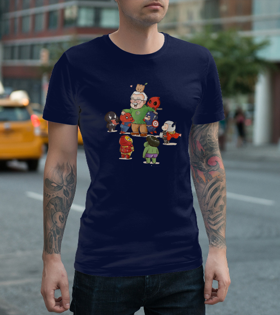Marvel Comic Superheroes Legend Stan Lee with Spider-Man, Iron Man, Hulk, Captain America, Thor, Deadpool, Venom, Groot T-Shirt