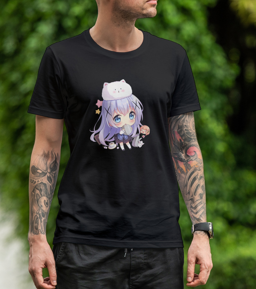 Hitsu Chibi Style Japanese Anime Character With Cat Hat And Stars T-Shirt