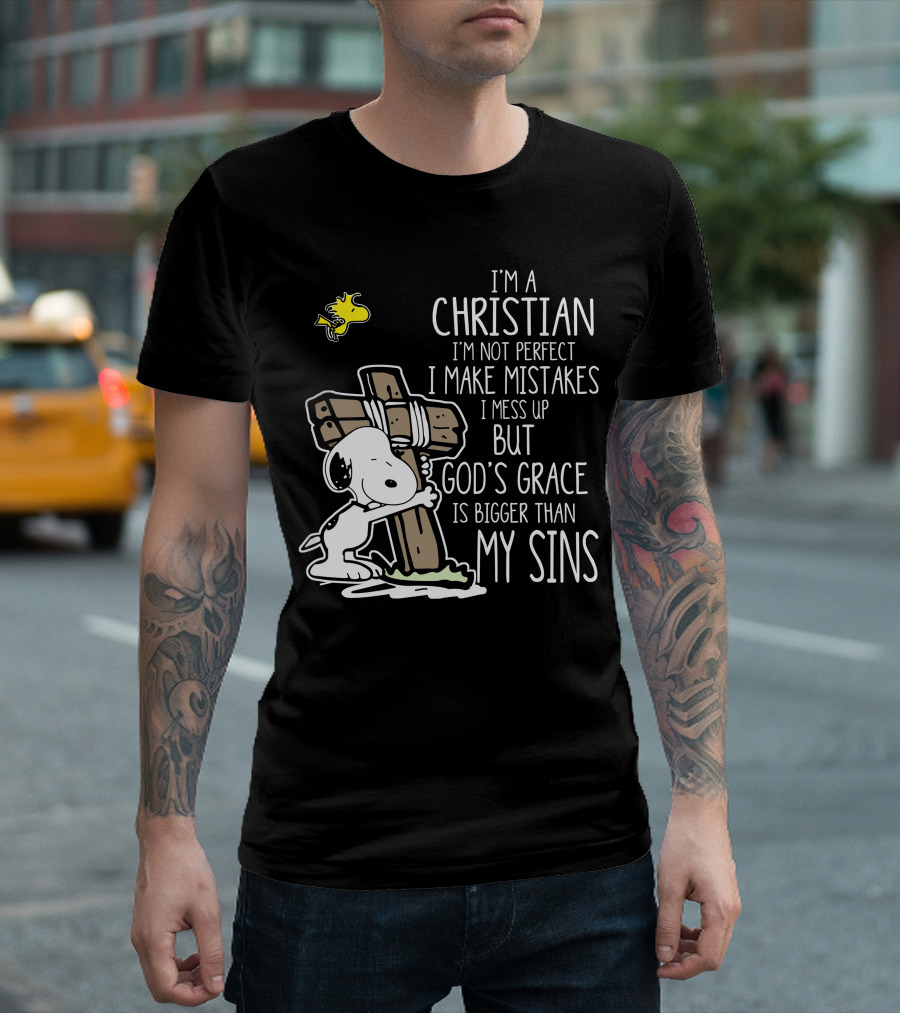 I'm a Christian God's Grace Bigger Than My Sins Snoopy Hugging Cross T-Shirt