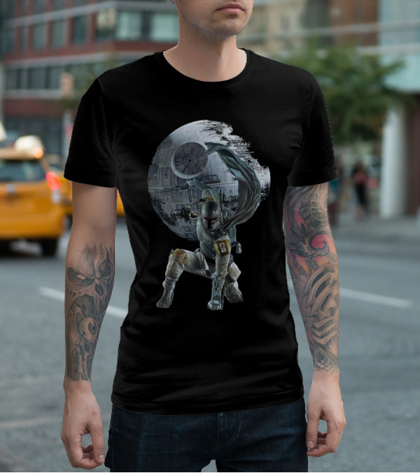 Boba Fett Striking Pose With Death Star Backdrop T-Shirt