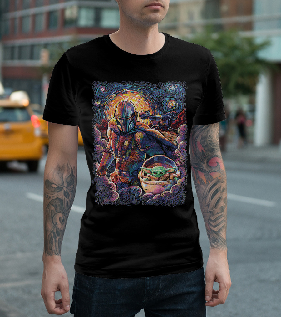 Mandalorian And Grogu Starry Night Art Style T-Shirt
