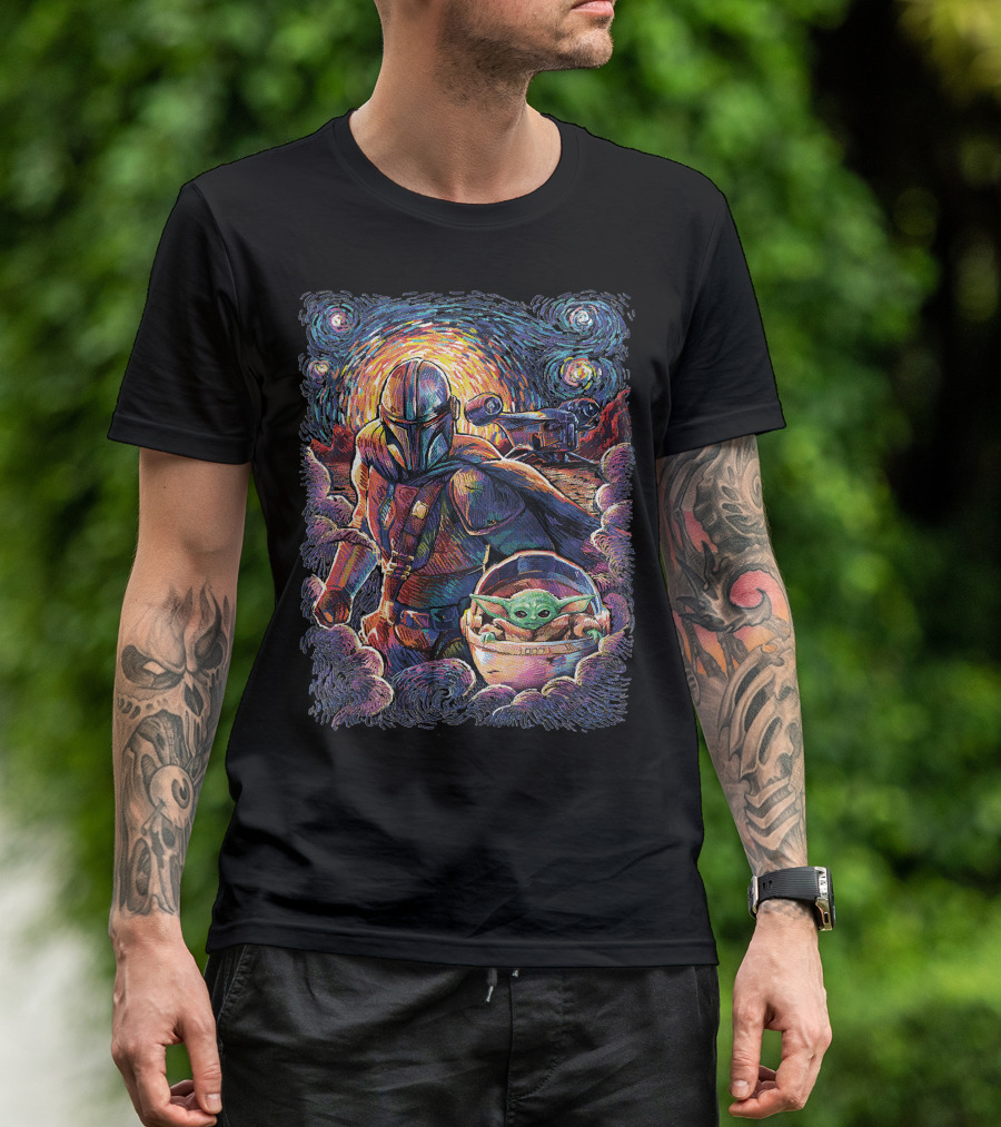 Mandalorian And Grogu Starry Night Art Style T-Shirt