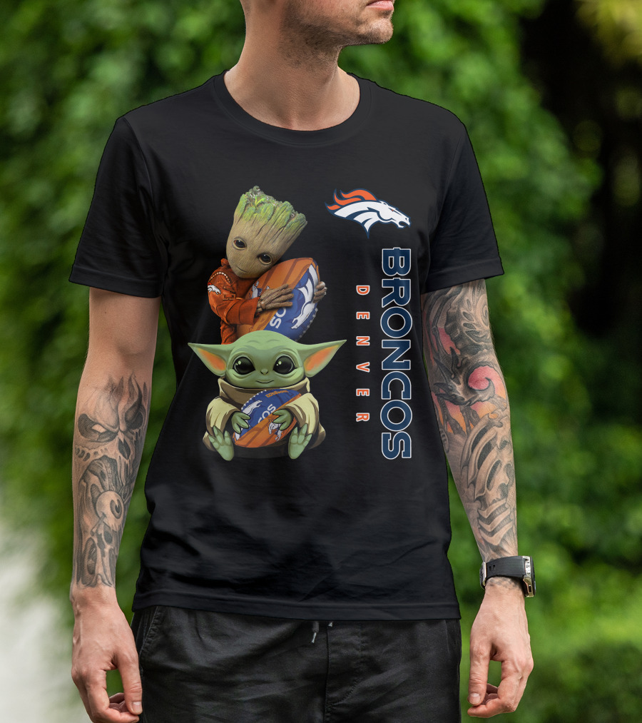 Only Today Groot And Baby Yoda Holding Broncos Football Denver Broncos T-Shirt