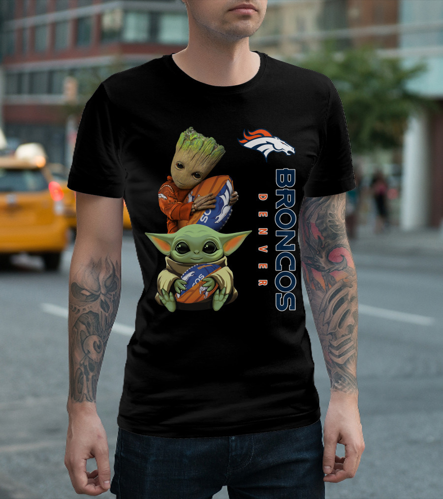 Denver Broncos Baby Yoda And Groot Holding Footballs T-Shirt