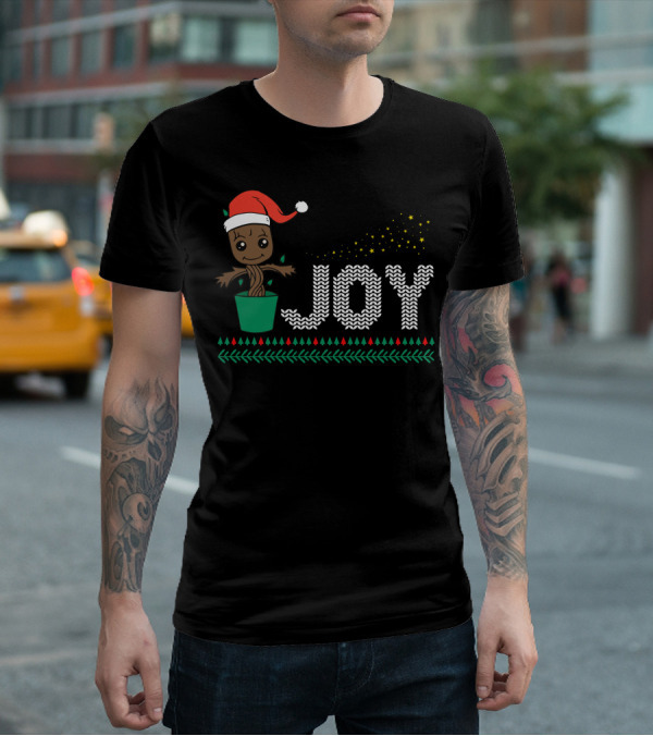 Joy Dancing Christmas Tree With Santa Hat And Stars T-Shirt
