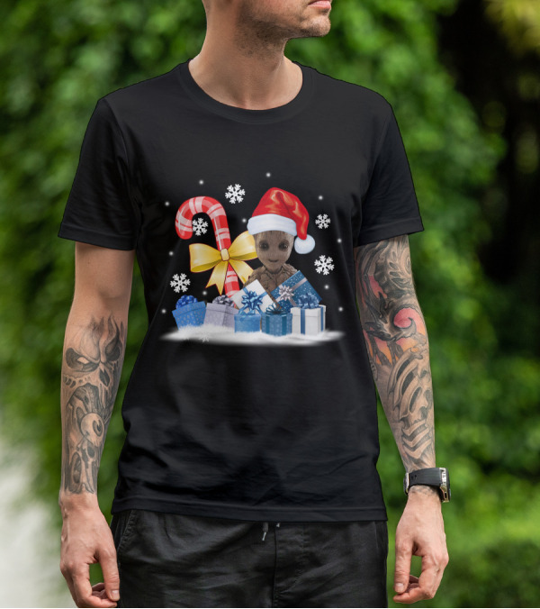 Baby Groot Christmas Santa Hat Candy Cane Snowflakes T-Shirt