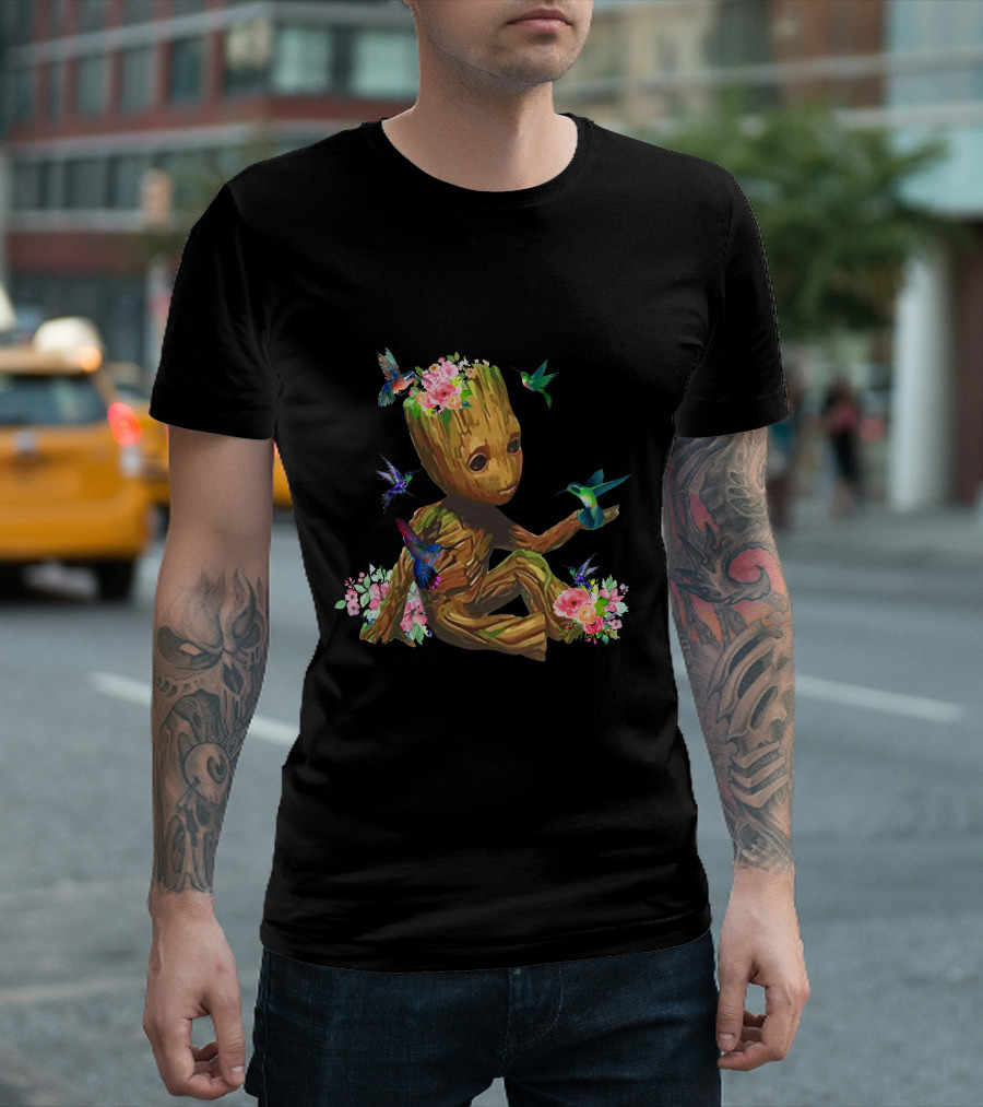 Baby Groot With Flowers And Hummingbirds T-Shirt