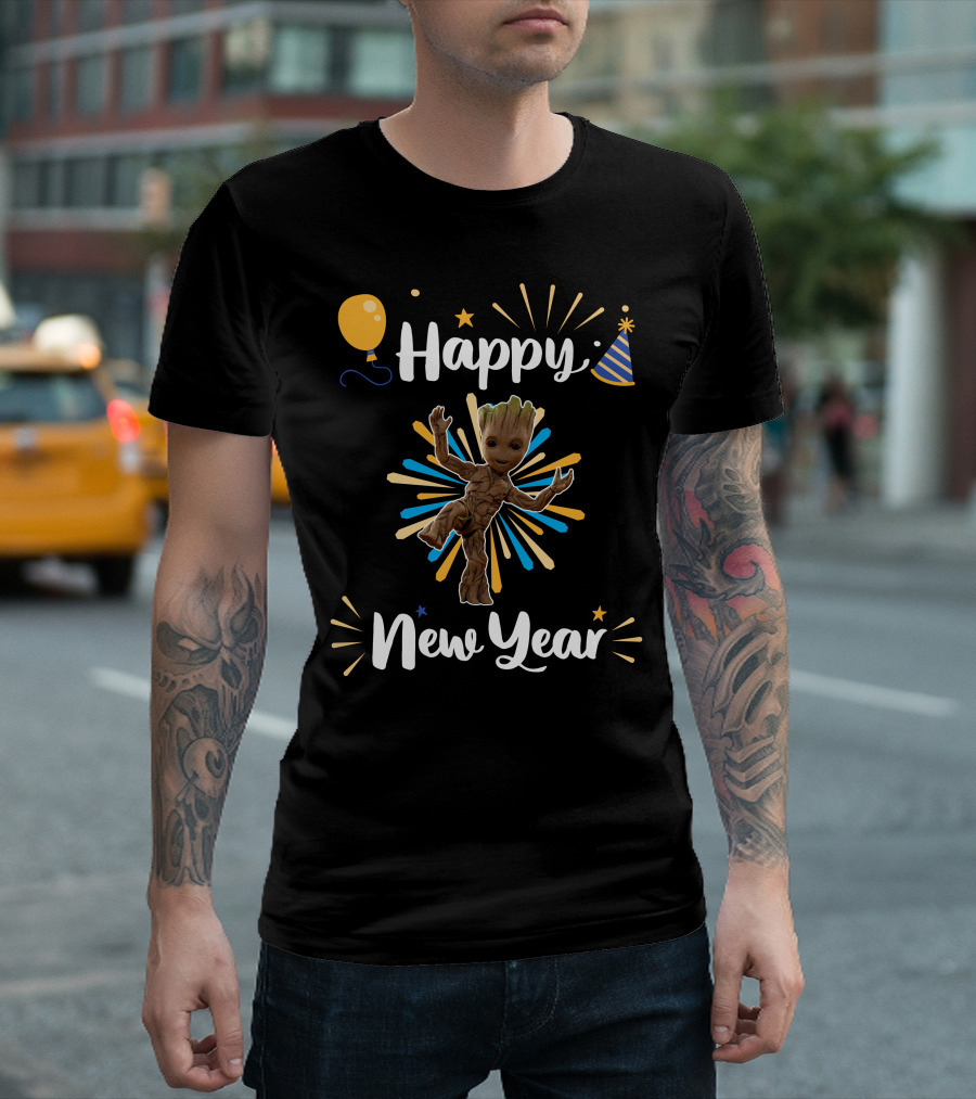Happy New Year Groot Celebration With Party Hat And Balloon T-Shirt