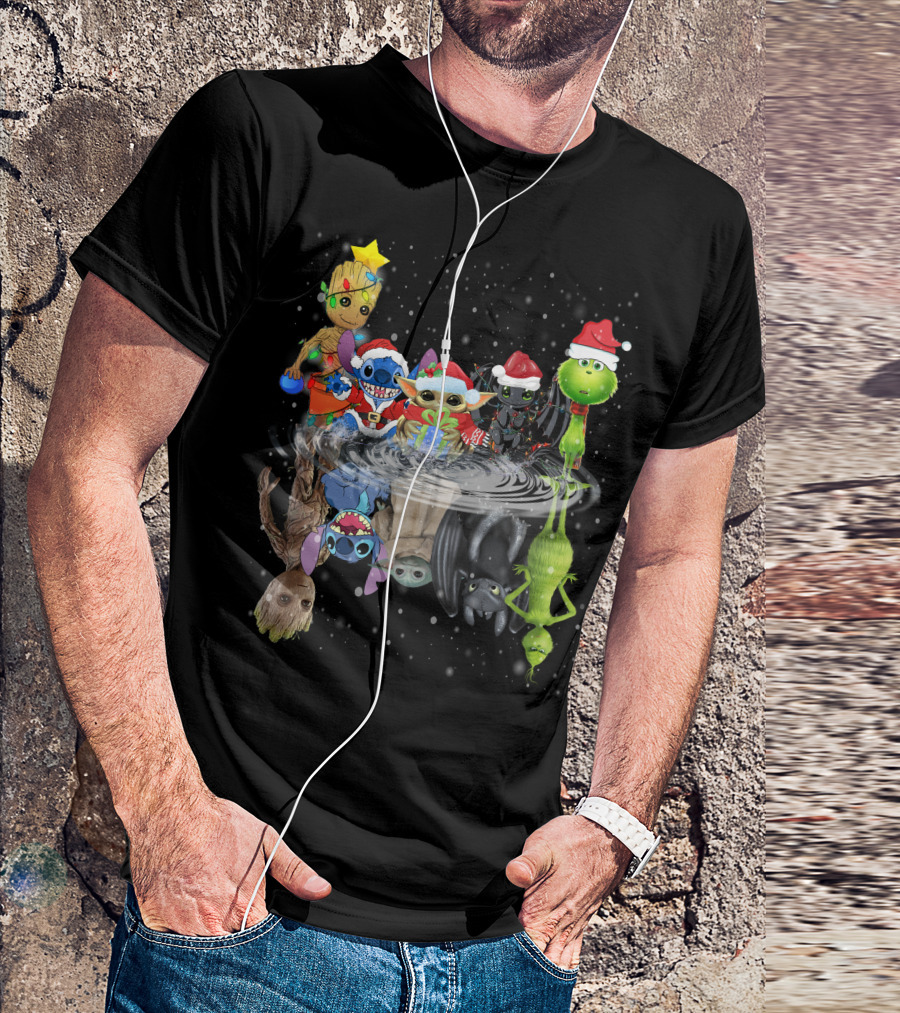 Groot Stitch Yoda Grinch Christmas Reflection T-Shirt