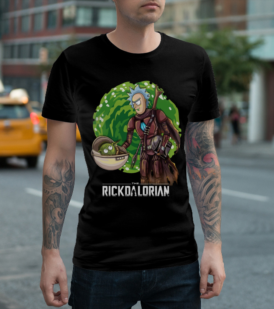 The Rickdalorian with Green Portal Background and Baby Alien Character T-Shirt