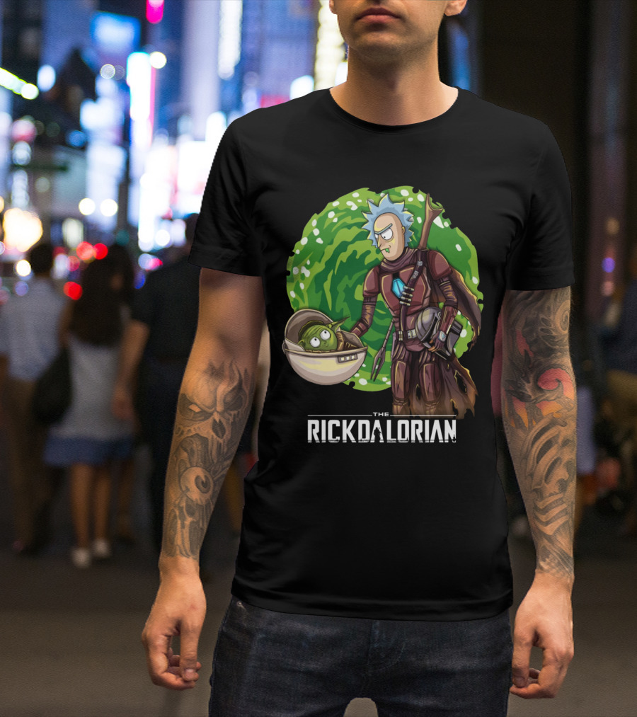 The Rickdalorian With Green Portal Background And Baby Alien Character T-Shirt