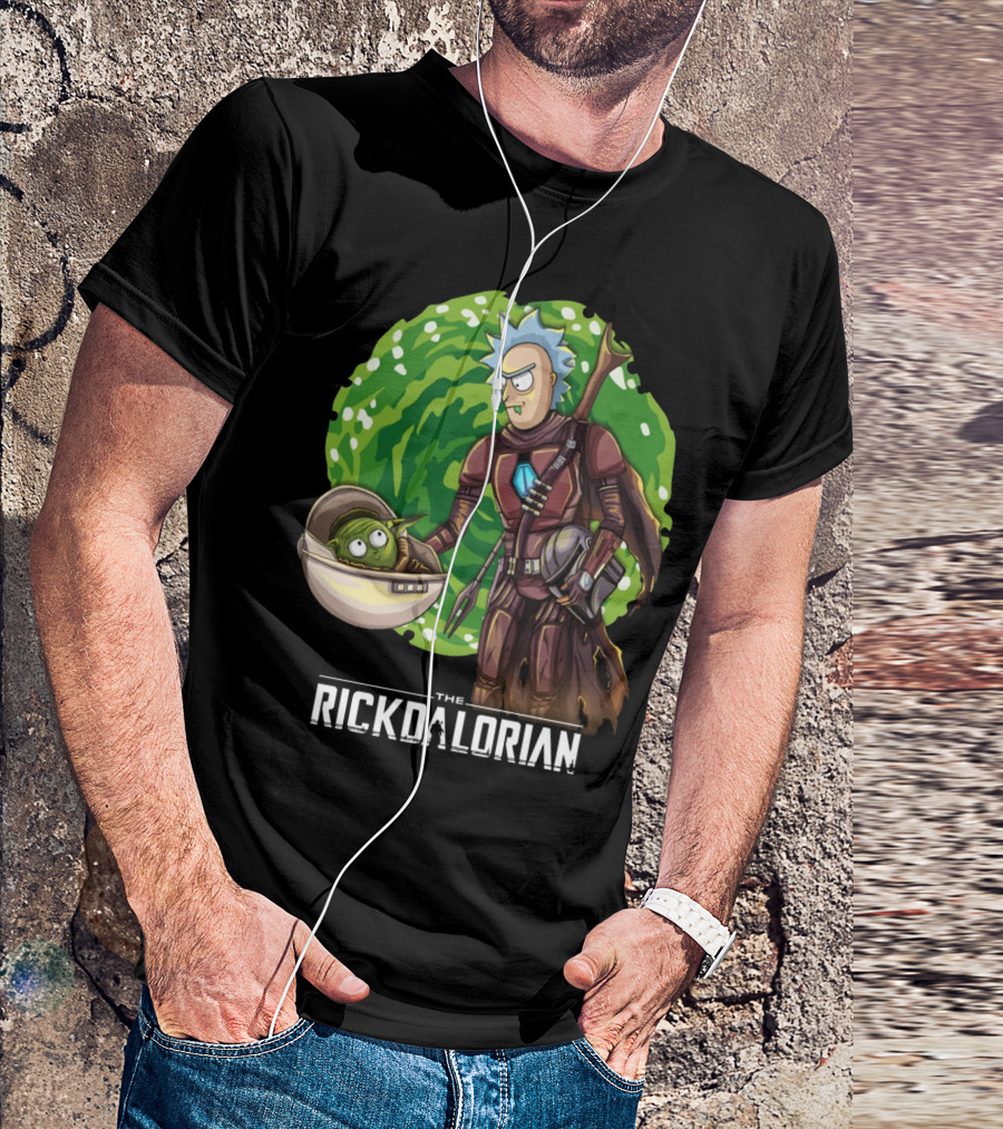 The Rickdalorian With Green Portal Background And Baby Alien Character T-Shirt