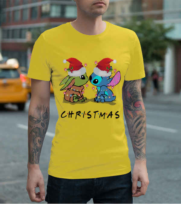 Christmas Yoda And Stitch Santa Hats T-Shirt