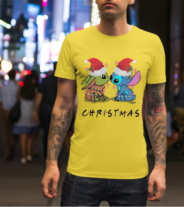 Christmas Yoda And Stitch Santa Hats T-Shirt