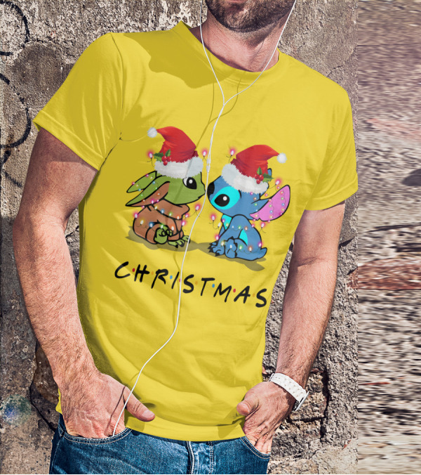 Christmas Yoda And Stitch Santa Hats T-Shirt