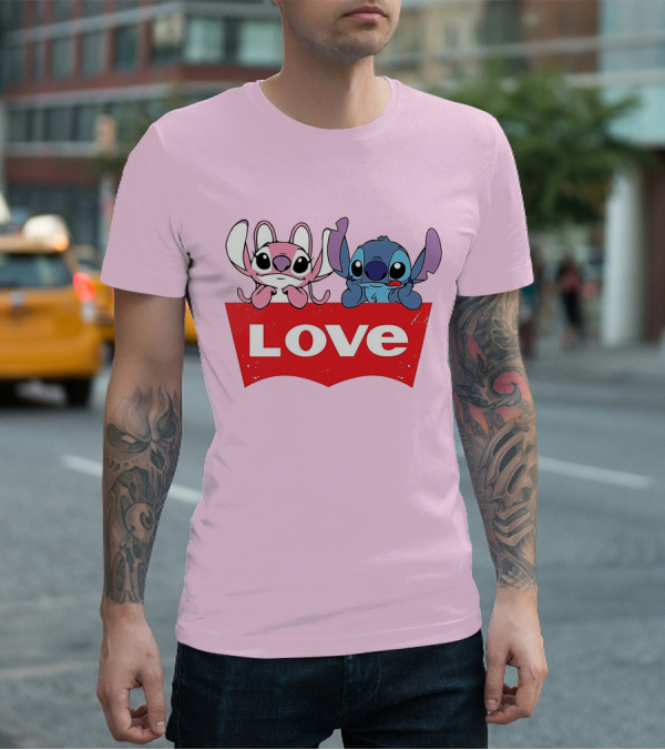 Stitch Love Pink And Blue Character Red Love Block T-Shirt
