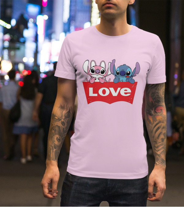 Stitch Love Pink And Blue Character Red Love Block T-Shirt