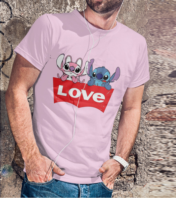 Stitch Love Pink And Blue Character Red Love Block T-Shirt
