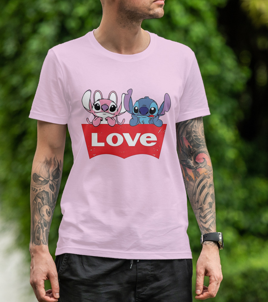 Stitch Love Pink And Blue Character Red Love Block T-Shirt