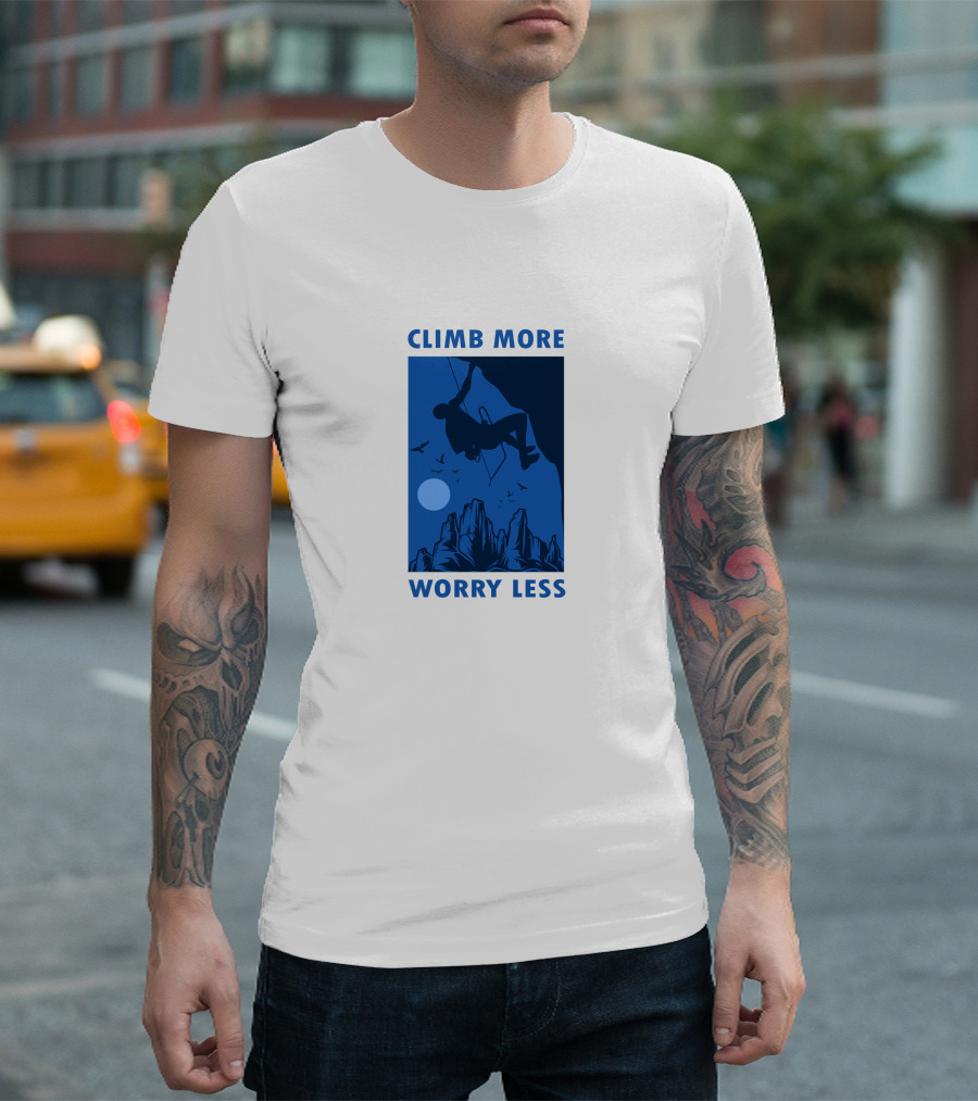 Climb More Worry Less Rock Climbing Adventure with Mountains and Moon T-Shirt