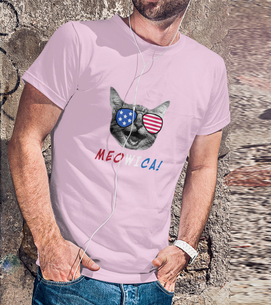 Meowica Cat Wearing American Flag Sunglasses T-Shirt