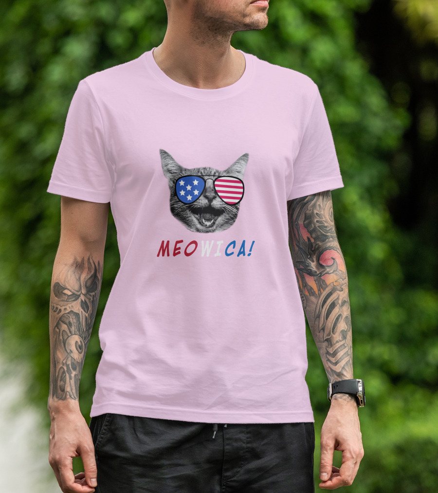 Meowica Cat Wearing American Flag Sunglasses T-Shirt