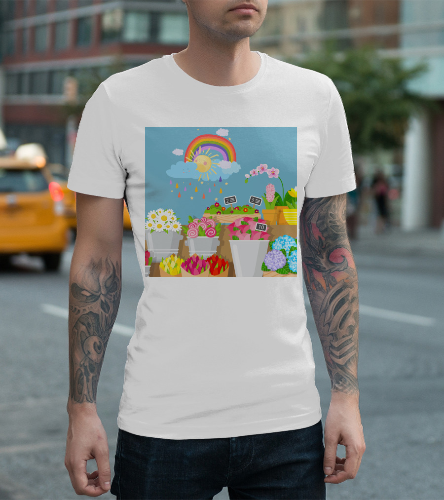 April Showers Brings May Flowers Rainbow and Colorful Blooms Scene T-Shirt