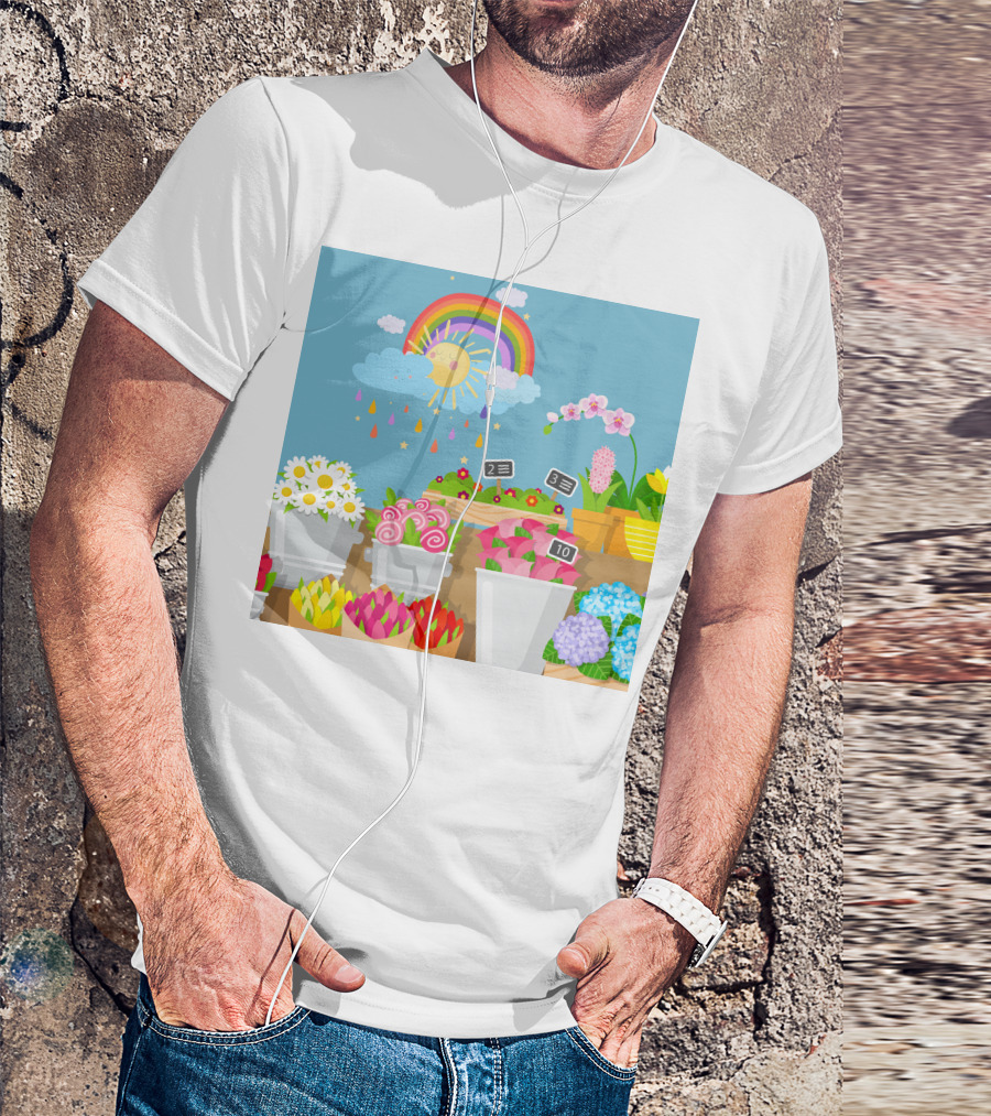 April Showers Brings May Flowers Rainbow And Colorful Blooms Scene T-Shirt