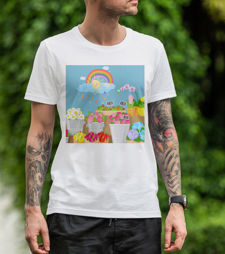 April Showers Brings May Flowers Rainbow And Colorful Blooms Scene T-Shirt