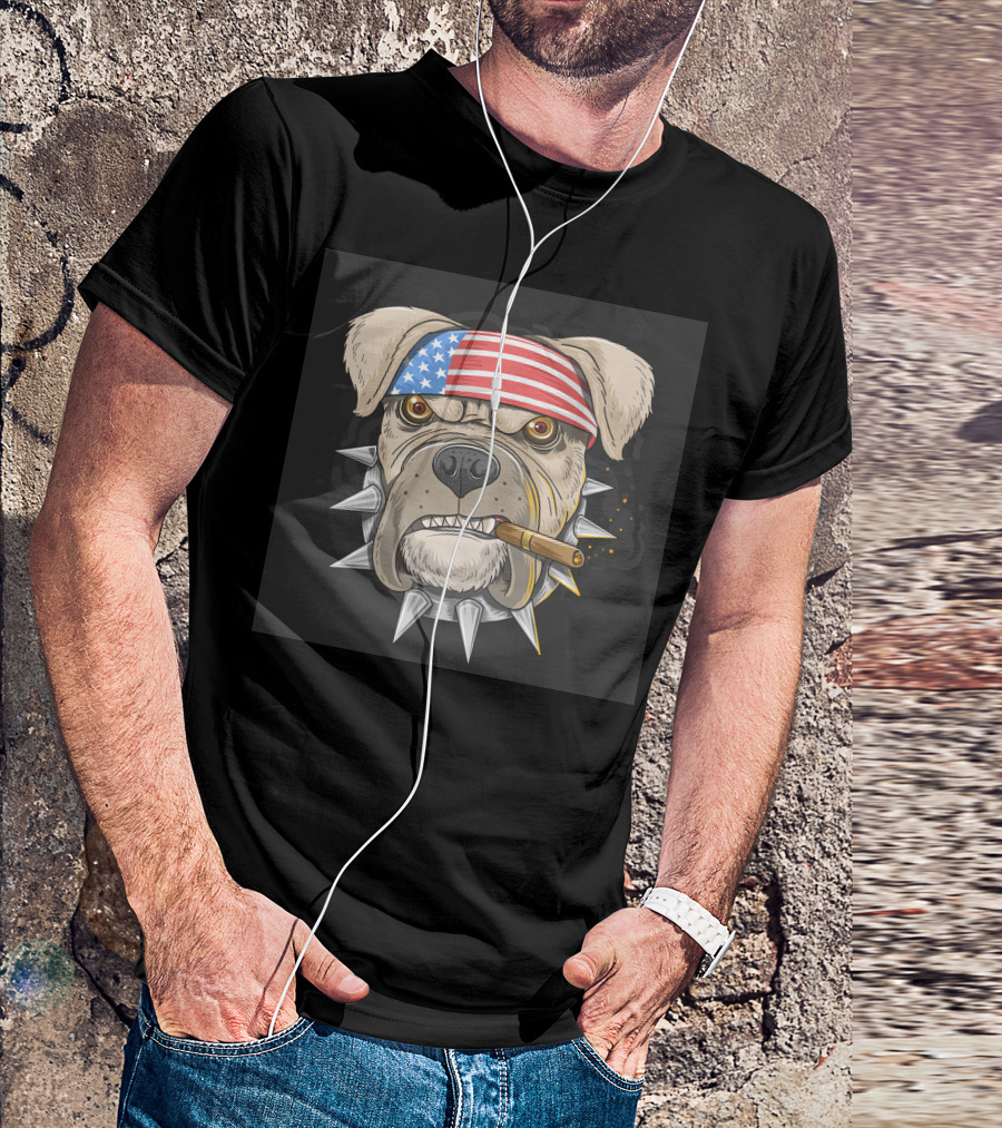 American Flag Bandana Bulldog With Cigar And Spiked Collar T-Shirt