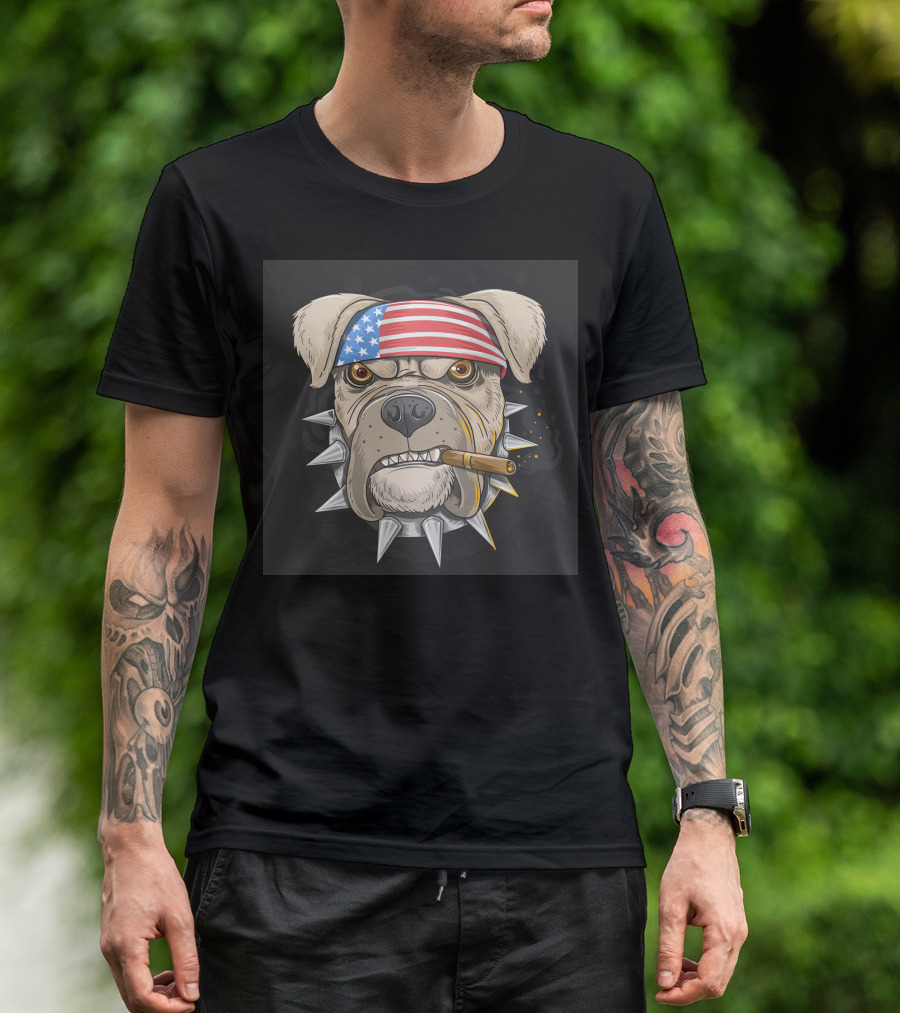 American Flag Bandana Bulldog With Cigar And Spiked Collar T-Shirt