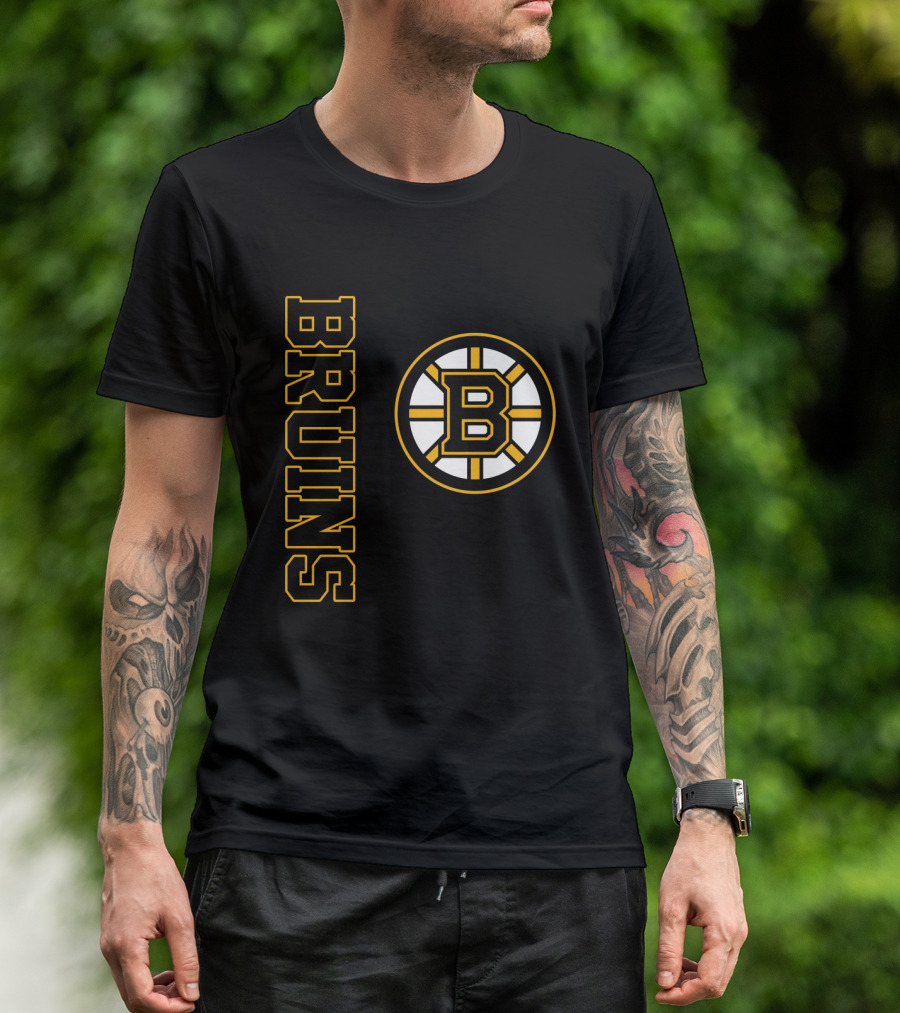 Boston Bruins Hockey Vertical Text With Iconic Circle Emblem T-Shirt