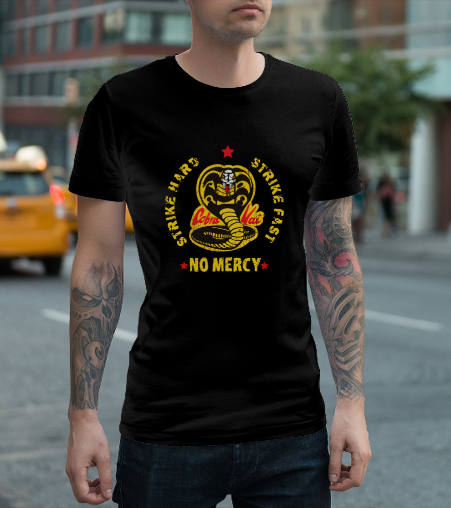 Cobra Kai Strike Hard Strike Fast No Mercy Logo with Red Star and Coiled Cobra T-Shirt