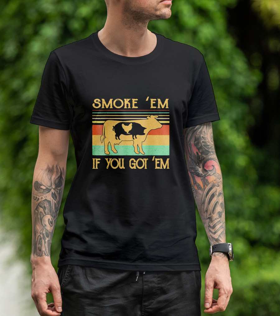 Smoke Em If You Got Em Vintage Cow Pig Chicken Retro Barbecue Stripes T-Shirt