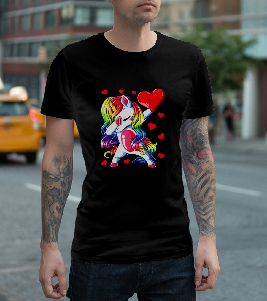 Rainbow Dabbing Unicorn Heart Valentines Day Girls T-Shirt
