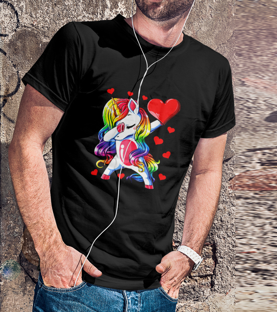 Rainbow Dabbing Unicorn Heart Valentines Day Girls T-Shirt