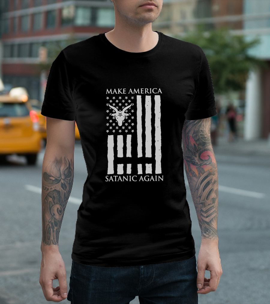Make America Satanic Again Baphomet Flag Usa Stars Stripes T-Shirt