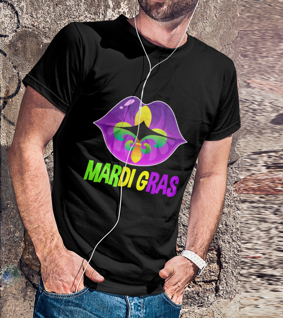 Mardi Gras Lip Fleur De Lis Purple Green Yellow T-Shirt