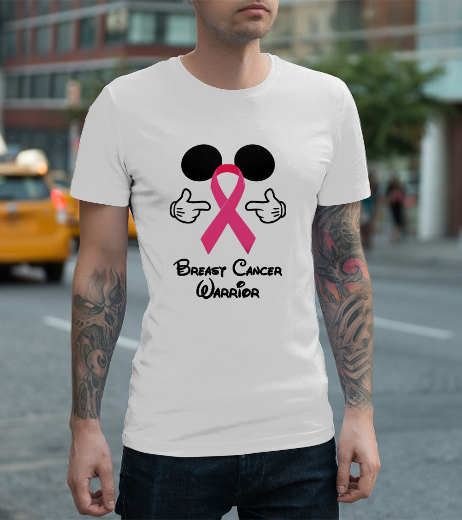 Breast Cancer Warrior With Mickey Ears And Pink Ribbon Illustrative T-Shirt