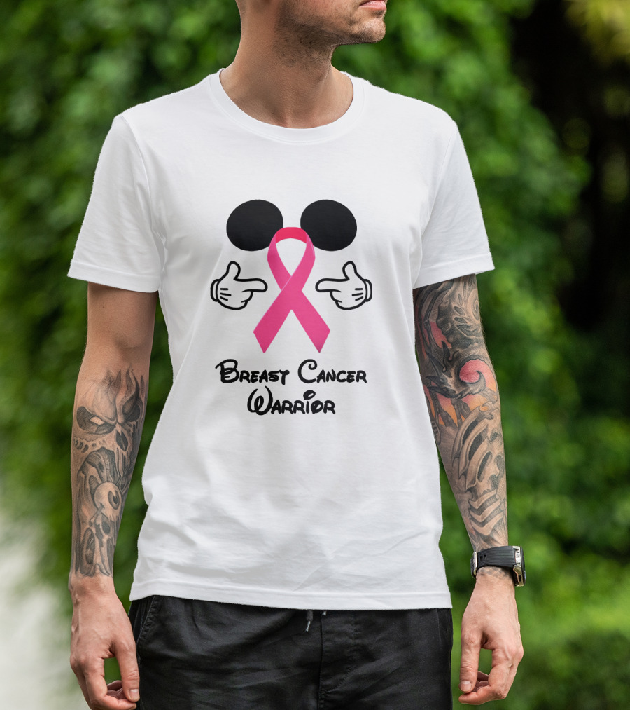 Breast Cancer Warrior With Mickey Ears And Pink Ribbon Illustrative T-Shirt