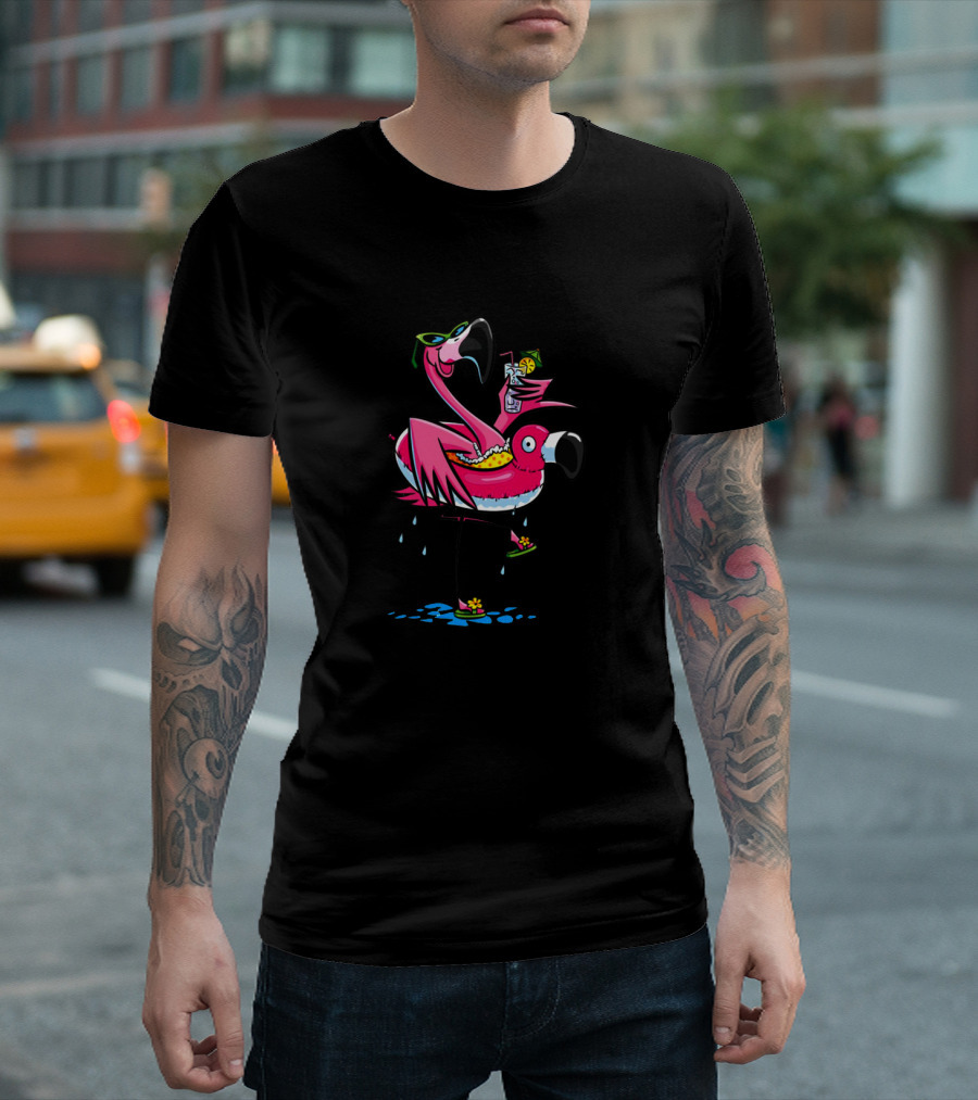 Pink Flamingos Enjoying A Tropical Wine Drink T-Shirt