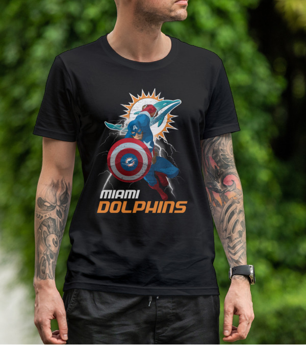 Captain America Miami Dolphins Nfl Lightning Action T-Shirt