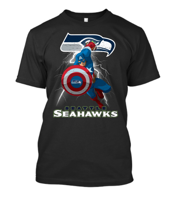 Captain America Seattle Seahawks Nfl Football Crossover Superhero Logo Lightning T-Shirt