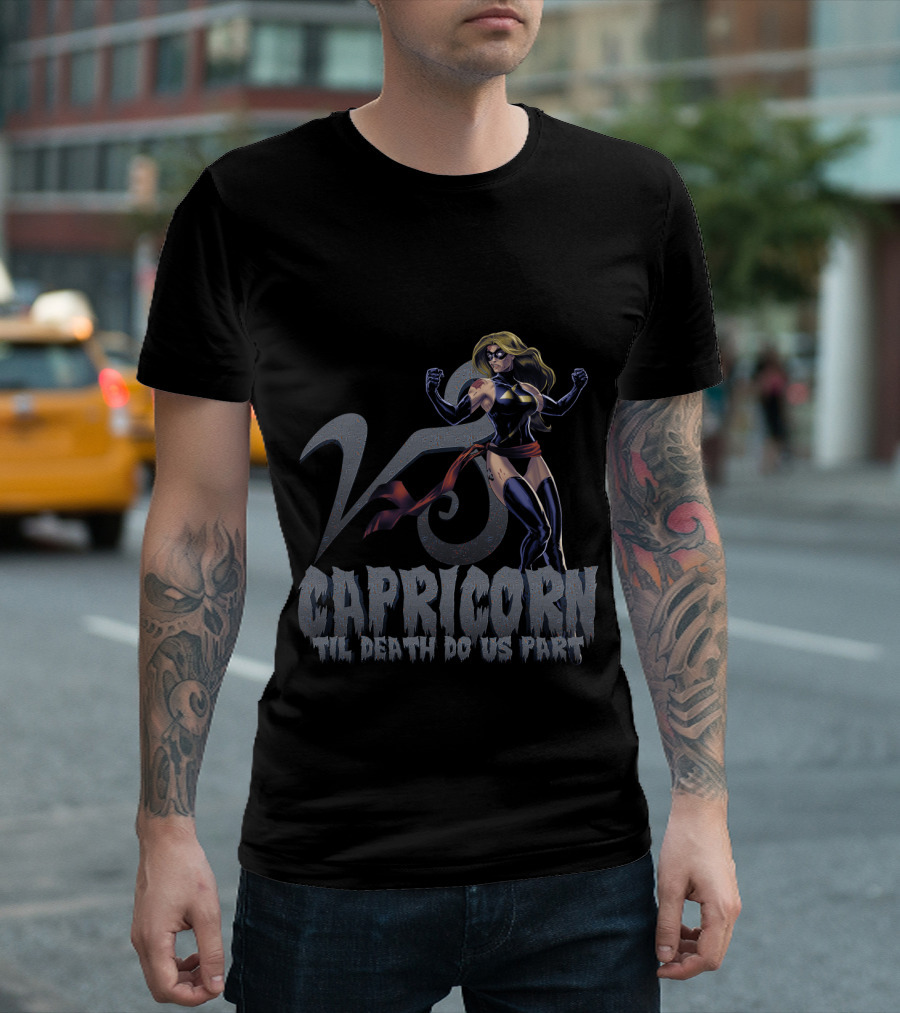 Capricorn Symbol with Captain Marvel Pose Til Death Do Us Part for Marvel Fans T-Shirt